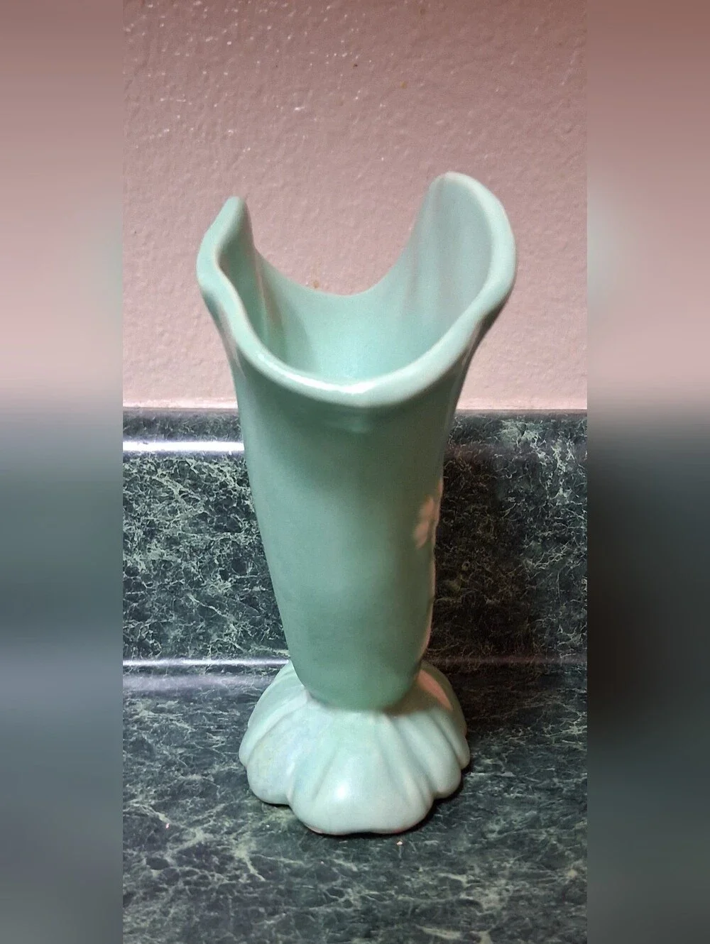 1930s Weller Cameo Rose Cornucopia Vase Blue with White Roses 6.5”